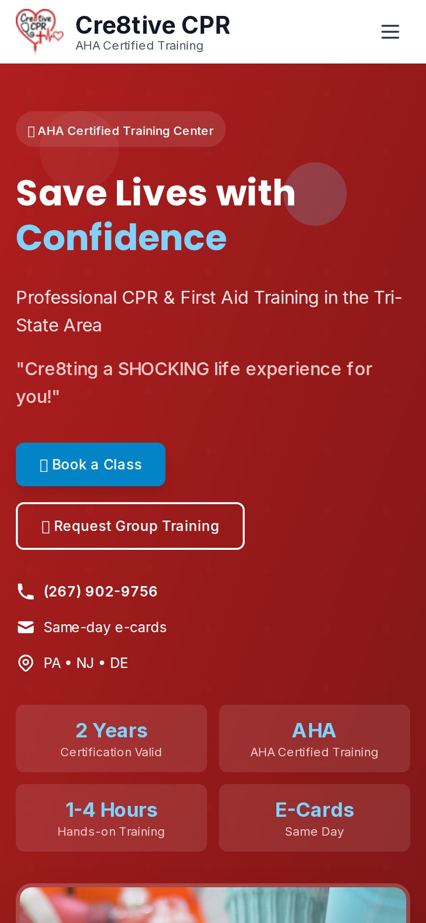 Cre8tive CPR website on a phone